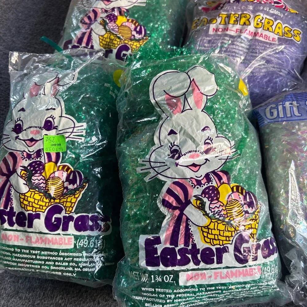VTG 1990s 2000s Green Purple White EASTER GRASS LOT DECORATION‎ CUTE PACKAGING